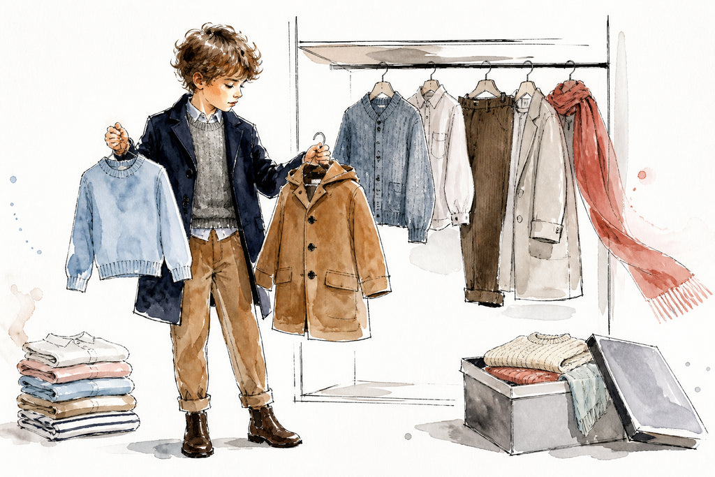Illustrazione ad acquerello di camicie, felpe, pantaloni e capispalla da bambino ordinati per il cambio di stagione