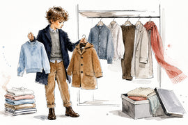 Watercolour illustration of children's shirts, sweatshirts, trousers and outerwear organised for a change of season