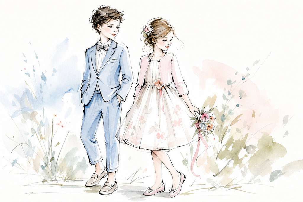 Bambino in completo elegante firmato chiaro durante una cerimonia di primavera all'aperto