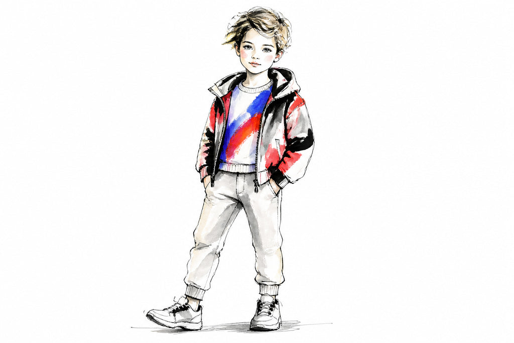 Ink and watercolour illustration of a child in a colourful graphic sweatshirt and a playful sports jacket